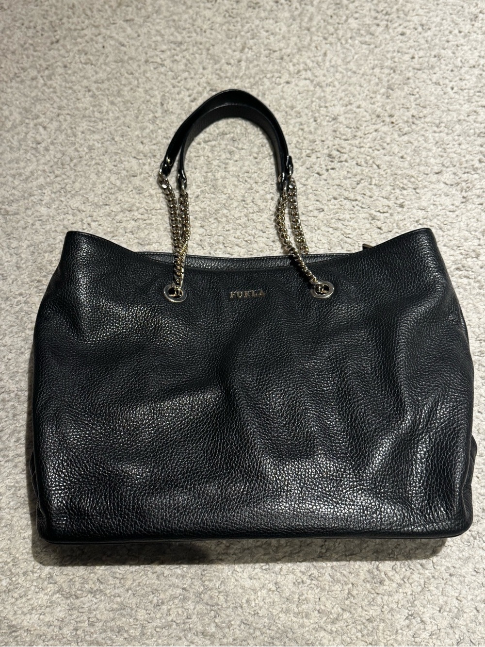 FURLA (Authentic) Black Pebbled Leather Tote with Gold/Silver Chain Handles